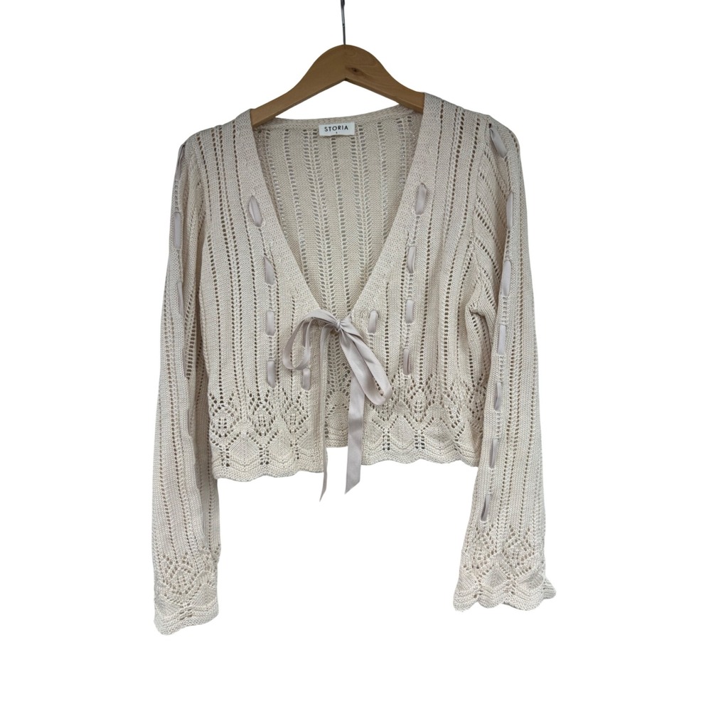 Storia Shop Dahl Cream Pointelle Knit Cropped Cardigan Ribbon Tie Front Small